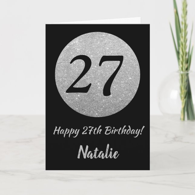 Happy 27th Birthday Black and Silver Glitter Card (Front)