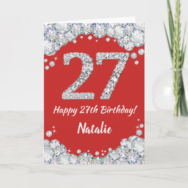 Happy 27th Birthday Red and Silver Glitter Card (Front)