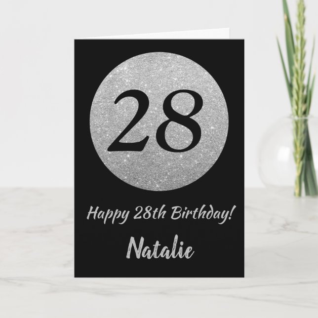 Happy 28th Birthday Black and Silver Glitter Card (Front)