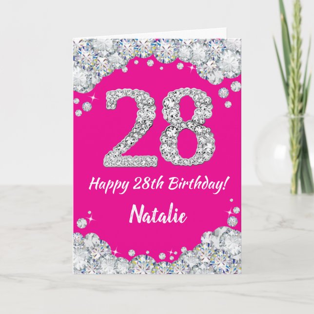 Happy 28th Birthday Hot Pink and Silver Glitter Card (Front)