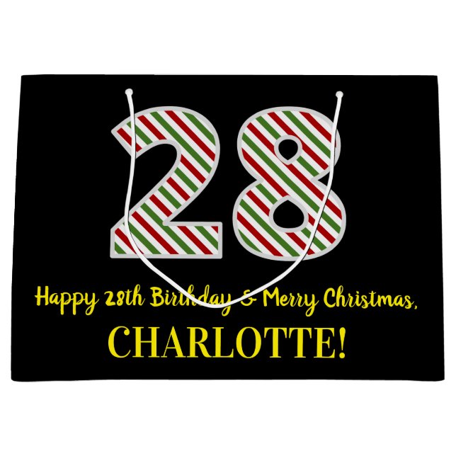 Happy 28th Birthday & Merry Christmas, Custom Name Large Gift Bag (Front)