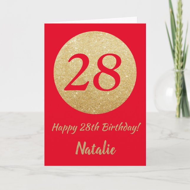 Happy 28th Birthday Red and Gold Glitter Card (Front)