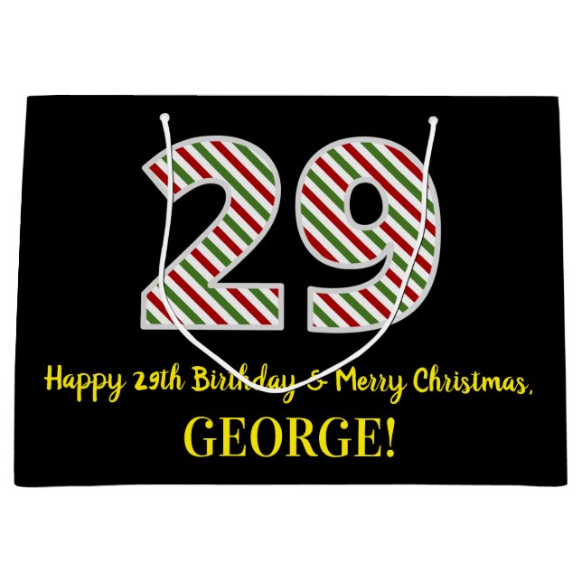 Happy 29th Birthday & Merry Christmas, Custom Name Large Gift Bag (Front)