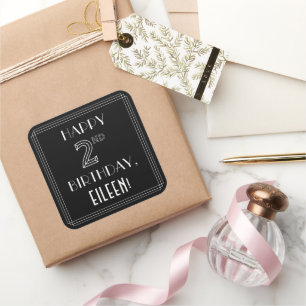 HAPPY 2ND BIRTHDAY; Art Deco Style; Custom Name Square Sticker