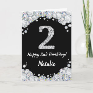 Happy 2nd Birthday Black and Silver Glitter Card
