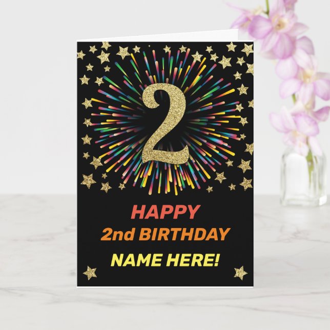 Happy 2nd Birthday Black & Gold Rainbow Firework Card (Orchid)