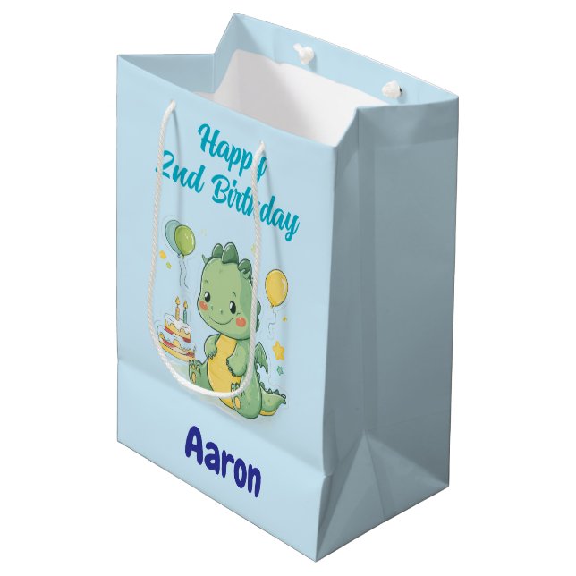 Happy 2nd Birthday, Cute Dragon, Personalized  Medium Gift Bag (Front Angled)
