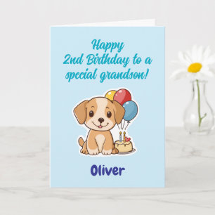 Happy 2nd Birthday Grandson, Puppy, Personalised Card