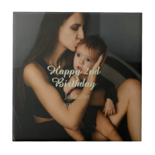 Happy 2nd birthday kids baby mother yellow gray na ceramic tile
