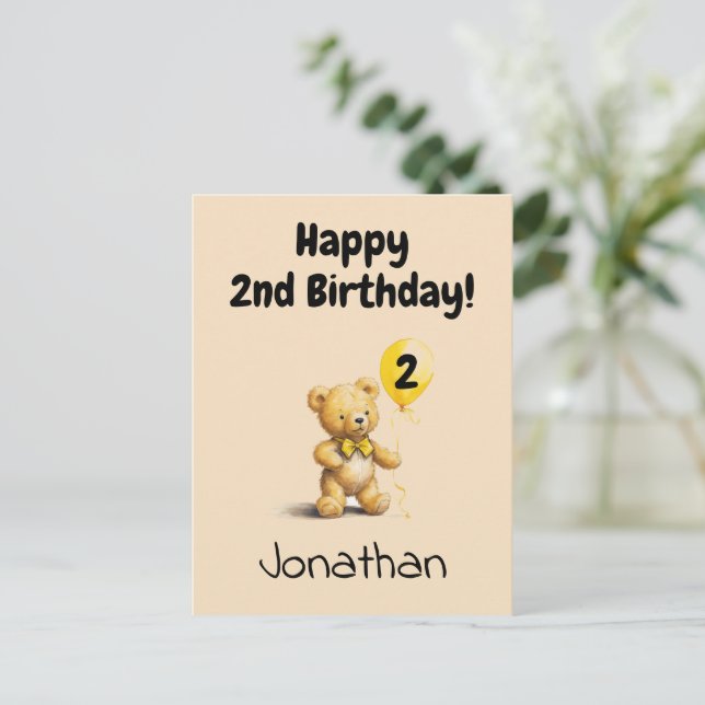 Happy 2nd Birthday, Personalized Teddy Bear Card,  Postcard (Standing Front)