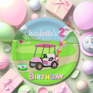Happy 2nd Birthday Polka Dot Pink Girly Golf  Paper Plate