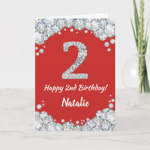 Happy 2nd Birthday Red and Silver Glitter Card