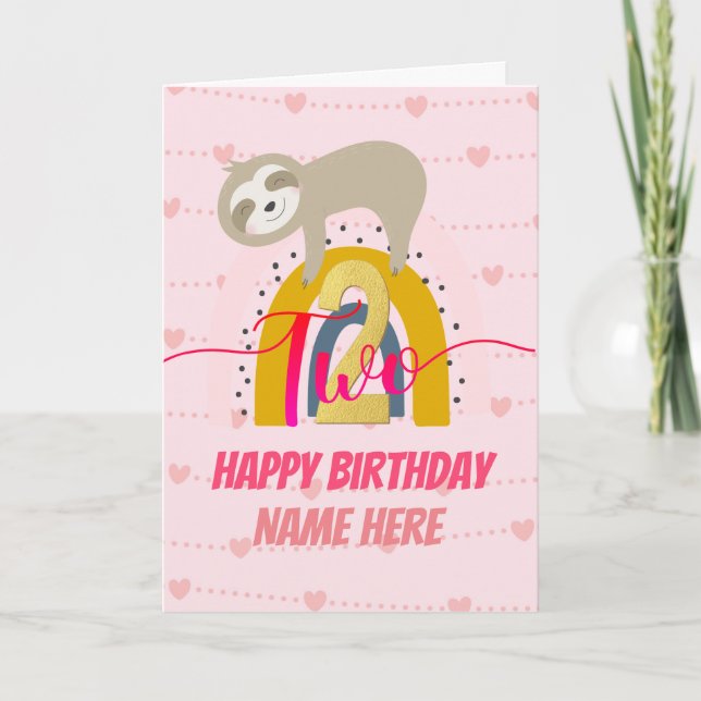 Happy 2nd Birthday Sloth Rainbow Pink & Gold Girl Card (Front)