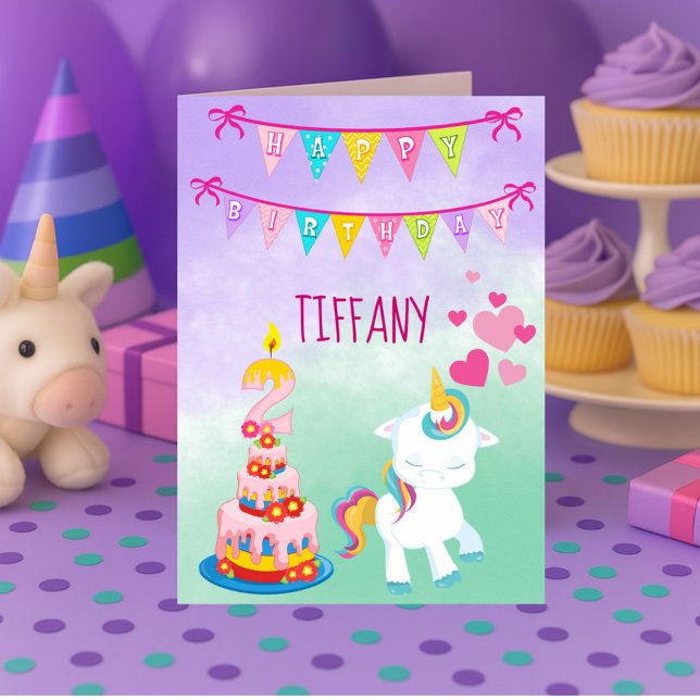 Happy 2nd Birthday Unicorn Theme Baby Girl Card (Creator Uploaded)
