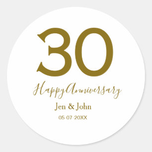 Happy 30th anniversary name date golden bold lette classic round sticker
