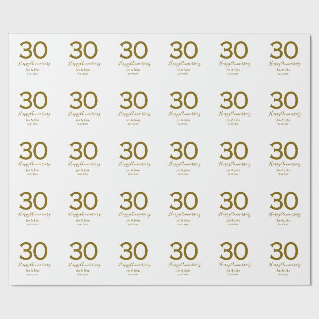 Happy 30th anniversary name date golden bold lette wrapping paper (Flat)