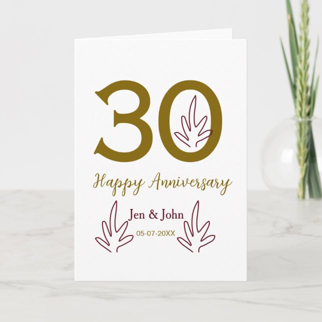 Happy 30th anniversary name date golden red leaf card (Front)