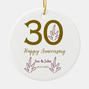 Happy 30th anniversary name date golden red leaf ceramic ornament