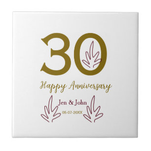 Happy 30th anniversary name date golden red leaf ceramic tile