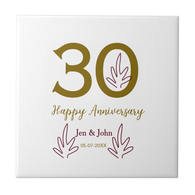 Happy 30th anniversary name date golden red leaf ceramic tile (Front)
