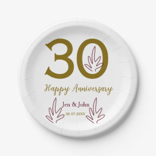 Happy 30th anniversary name date golden red leaf paper plate
