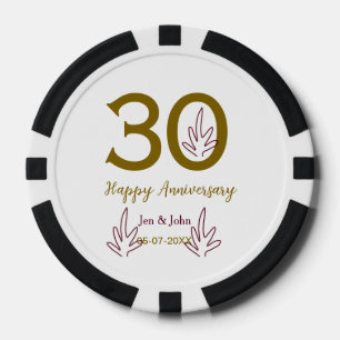 Happy 30th anniversary name date golden red leaf poker chips