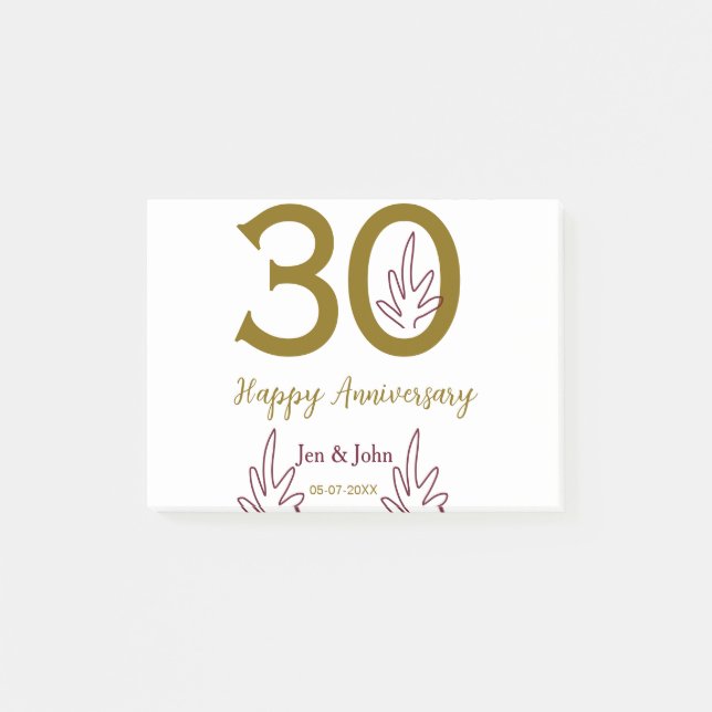 Happy 30th anniversary name date golden red leaf post-it notes (Front)
