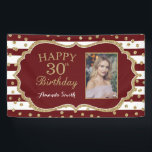 Happy 30th Birthday Banner Burgundy Gold Photo<br><div class="desc">Happy 30th Birthday Banner for women or man. Burgundy and Gold Birthday Party Banner. Gold Glitter Confetti. Red and White Stripes. Printable Digital. For further customisation,  please click the "Customise it" button and use our design tool to modify this template.</div>