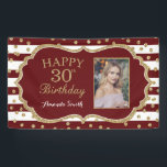 Happy 30th Birthday Banner Burgundy Gold Photo<br><div class="desc">Happy 30th Birthday Banner for women or man. Burgundy and Gold Birthday Party Banner. Gold Glitter Confetti. Red and White Stripes. Printable Digital. For further customisation,  please click the "Customise it" button and use our design tool to modify this template.</div>
