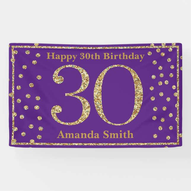 Happy 30th Birthday Banner Purple and Gold Glitter (Horizontal)