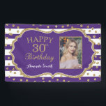 Happy 30th Birthday Banner Purple Gold Photo<br><div class="desc">Happy 30th Birthday Banner for women or man. Purple and Gold Birthday Party Banner. Gold Glitter Confetti. Black and White Stripes. Printable Digital. For further customisation,  please click the "Customise it" button and use our design tool to modify this template.</div>