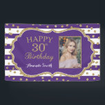 Happy 30th Birthday Banner Purple Gold Photo<br><div class="desc">Happy 30th Birthday Banner for women or man. Purple and Gold Birthday Party Banner. Gold Glitter Confetti. Black and White Stripes. Printable Digital. For further customisation,  please click the "Customise it" button and use our design tool to modify this template.</div>