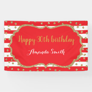 Happy 30th Birthday Banner.Red and Gold Glitter Banner