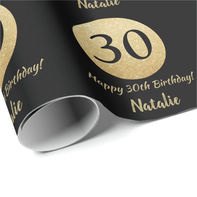 Happy 30th Birthday Black and Gold Glitter Wrapping Paper (Roll Corner)