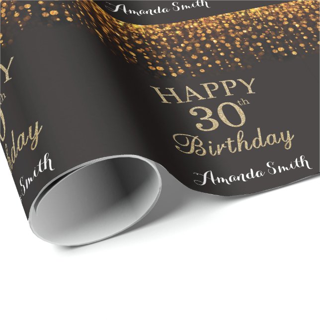 Happy 30th Birthday Black and Gold Glitter Wrapping Paper (Roll Corner)