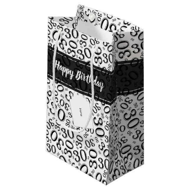 Happy 30th Birthday Black and White Number Pattern Small Gift Bag (Front Angled)