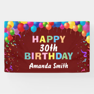 Happy 30th Birthday Colorful Balloons Burgundy Red Banner