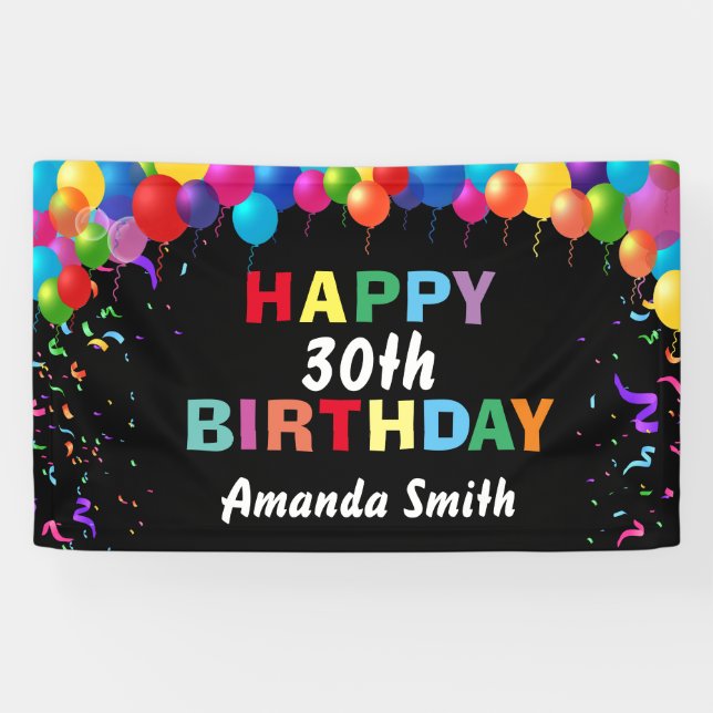 Happy 30th Birthday Colourful Balloons Confetti Banner (Horizontal)