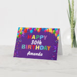 Happy 30th Birthday Colourful Balloons Purple Card<br><div class="desc">Happy 30th Birthday Colourful Balloons Confetti Purple Card with personalised name. For further customisation,  please click the "Customise it" button and use our design tool to modify this template.</div>