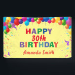 Happy 30th Birthday Colourful Balloons Yellow Banner<br><div class="desc">Happy 30th Birthday Colourful Balloons Confetti Yellow Banner. For further customisation,  please click the "Customise it" button and use our design tool to modify this template.</div>