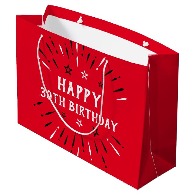 Happy 30th Birthday Fireworks Red Black White Large Gift Bag (Back Angled)