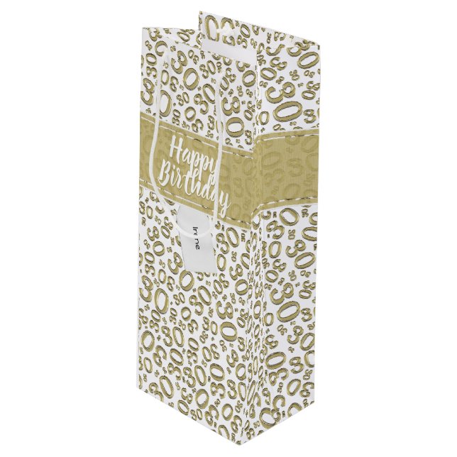Happy 30th Birthday Gold and White Number Pattern Wine Gift Bag (Front Angled)