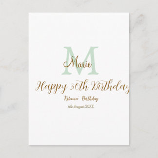 Happy 30th Birthday golden green pastel monogram Postcard