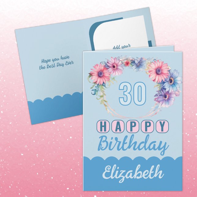 Happy 30th Birthday name floral blue Card (Creator Uploaded)