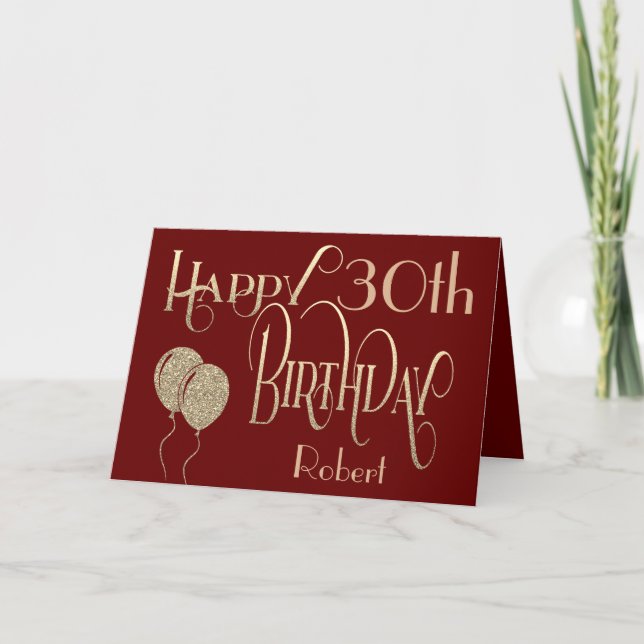 Happy 30th Birthday Name Gold Text Burgundy Card (Front)