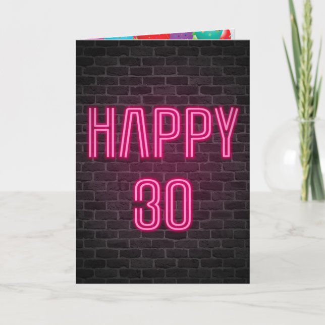 Happy 30th Birthday Neon Sign on brick Card (Front)