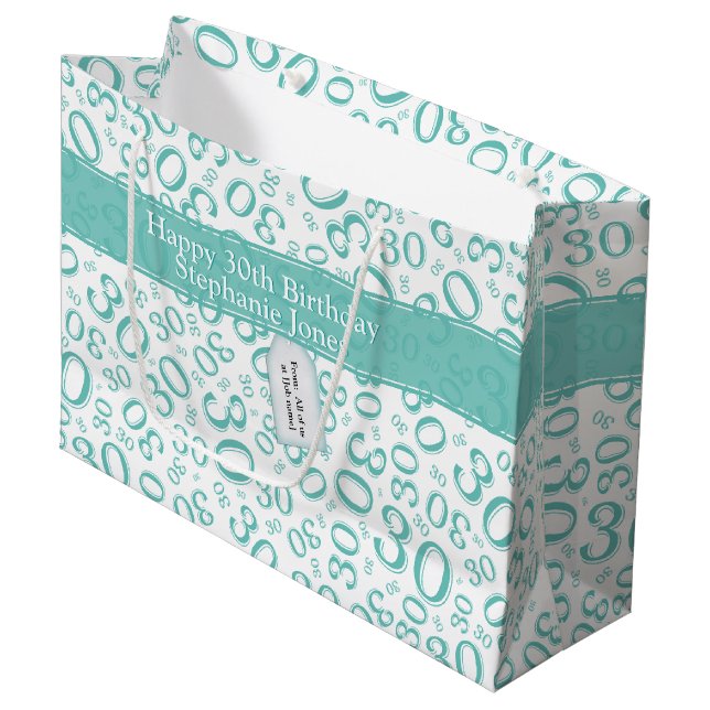 Happy 30th Birthday Number Pattern Teal and White Large Gift Bag (Front Angled)