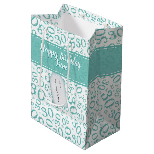 Happy 30th Birthday Number Pattern Teal and White Medium Gift Bag (Front Angled)
