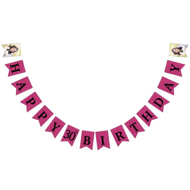 Happy 30th Birthday Photo Hot Pink Glitter Bunting (All)