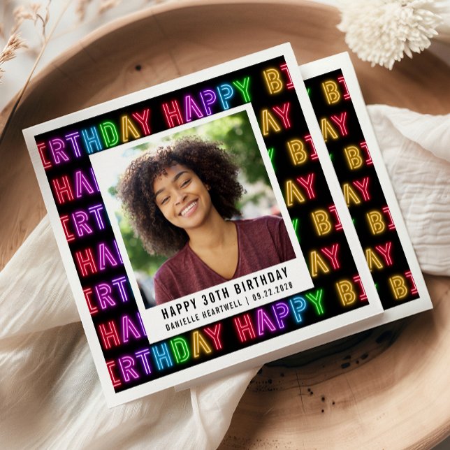 Happy 30th Birthday Photo Rainbow Neon Napkin (Creator Uploaded)